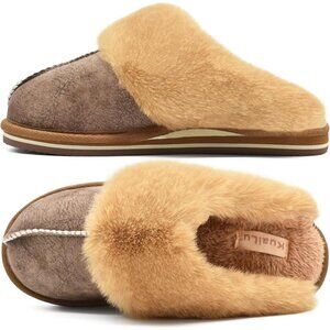 Women's Light Brown Fluff Foam Cozy Winter Warm Scuff Slip On Slippers Shoes